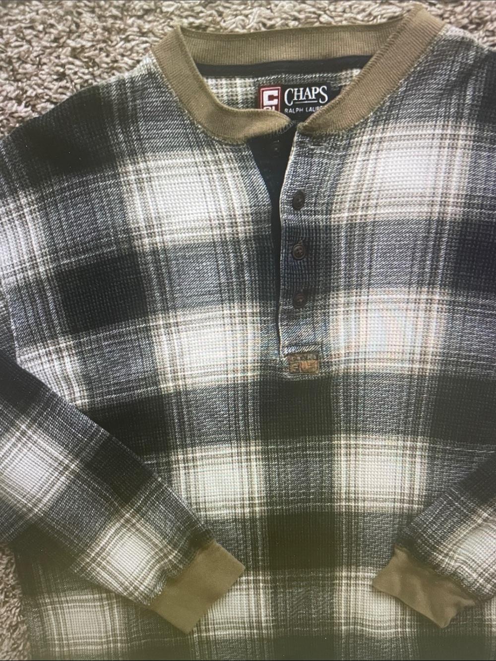 Chaps Black, White & Tan Plaid Henley Thermal Pullover - Picture 5 of 8